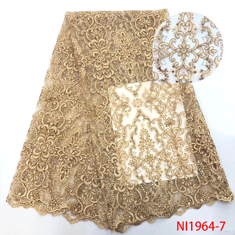 

Gold Nigerian Lace Fabric 2019 High Quality Lace French Tulle Lace Fabric With Sequins Party African Lace Material NI1964-7