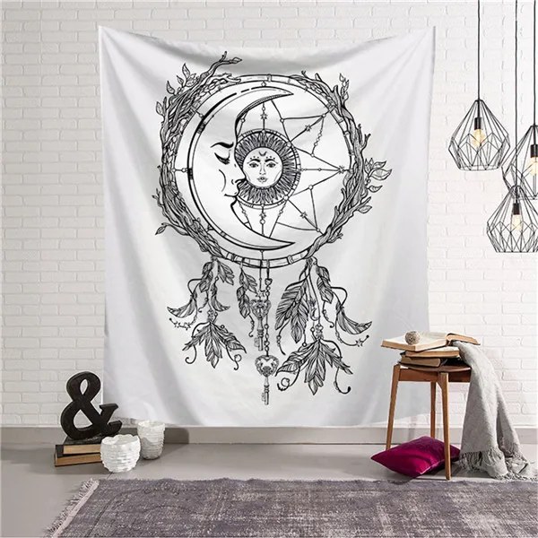 Индийский гобелен в стиле хиппи с изображением Солнца и Луны, черно-белый психоделический Небесный гобелен, настенный пледы, покрывало - Цвет: T64P17