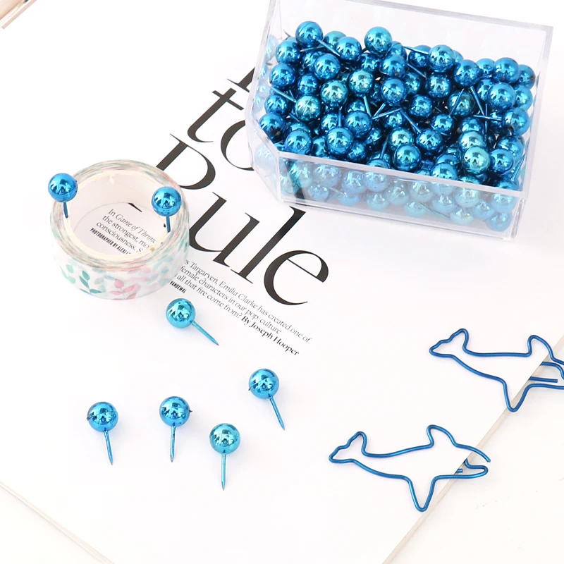 

100pcs/box Hot Map Tacks Push Pins with 0.39 Inch Blue Round Plastic Head Steel Point Fixing Thumb Tacks for Office School