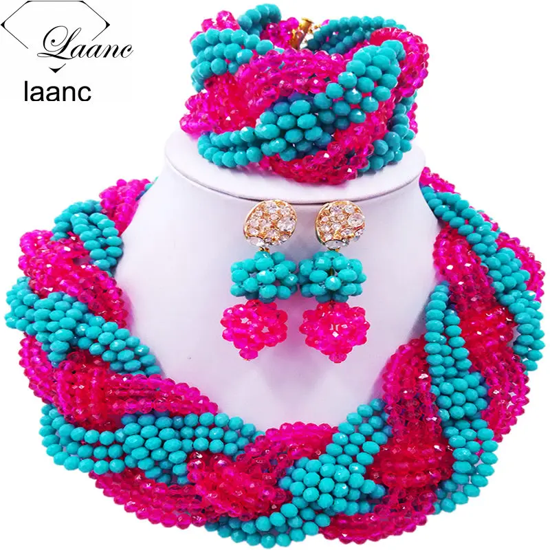 

12 Rows Fashionable Aqua Blue Hot Pink Crystal Beads Plait African Jewelry Sets 2017 Nigerian Wedding Necklace 12BZ021