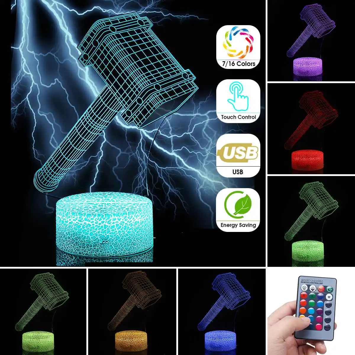 

3D LED Table Lamp Superhero Hammer Night Light for Children RGB Remote Control Desk Lamp Bedroom Home Decor Christmas Gifts