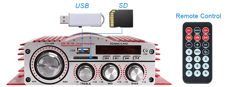 Kinter ма-900 HiFi 4,0 канал мини усилитель аудио 30 W с USB SD MP3 вход играть стерео звук fm-радио красная алюминиевая Корпус