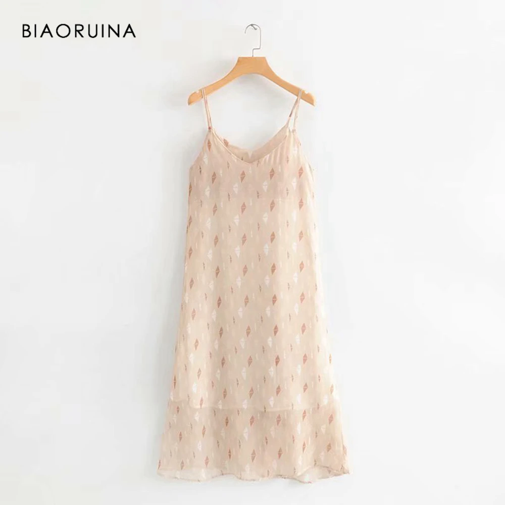 

BIAORUINA Women Geometric Printed Casual Dress Female Sleeveless V-neck Summer Long Dress Ladies High Waist Holiday Beach Dress