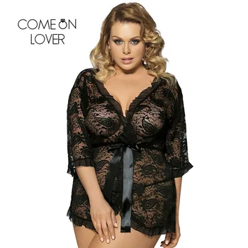

Comeonlover Half Sleeves Lace Robe Sexy Femme Black Sleep Gowns For Women Plus Size Floral Batas De Mujer Babydolls Sexy RL7298