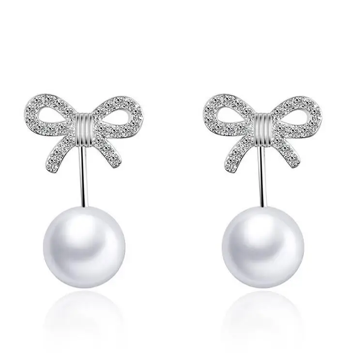 

2017 new arrival hot sell fashion bowknot shiny zircon pearl 925 sterling silver women stud earrings female jewelry wholesale