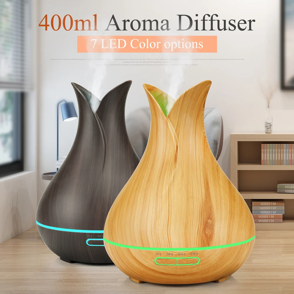 

air humidifier 400ml ultrasonic aroma essential oil diffuser 7 color changing LED lights aromatherapy diffuser with wood grain