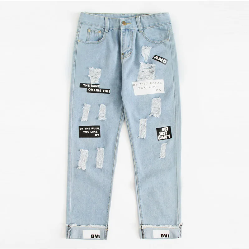 ROMWE рваные джинсы с буквенным принтом, новые модные весенние женские брюки на пуговицах со средней талией, синие повседневные джинсы с карманами - Цвет: Синий
