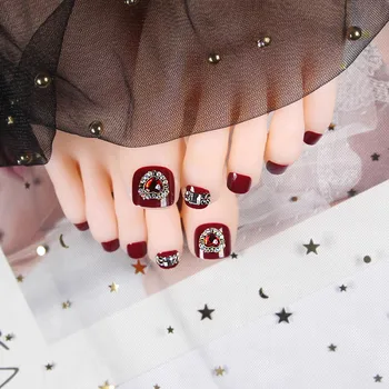 

24set Cute love Red Heart Crystal Short Fake Toenails Shiny Diamante Decoration Design DIY False Foot Nail Tips With Glue