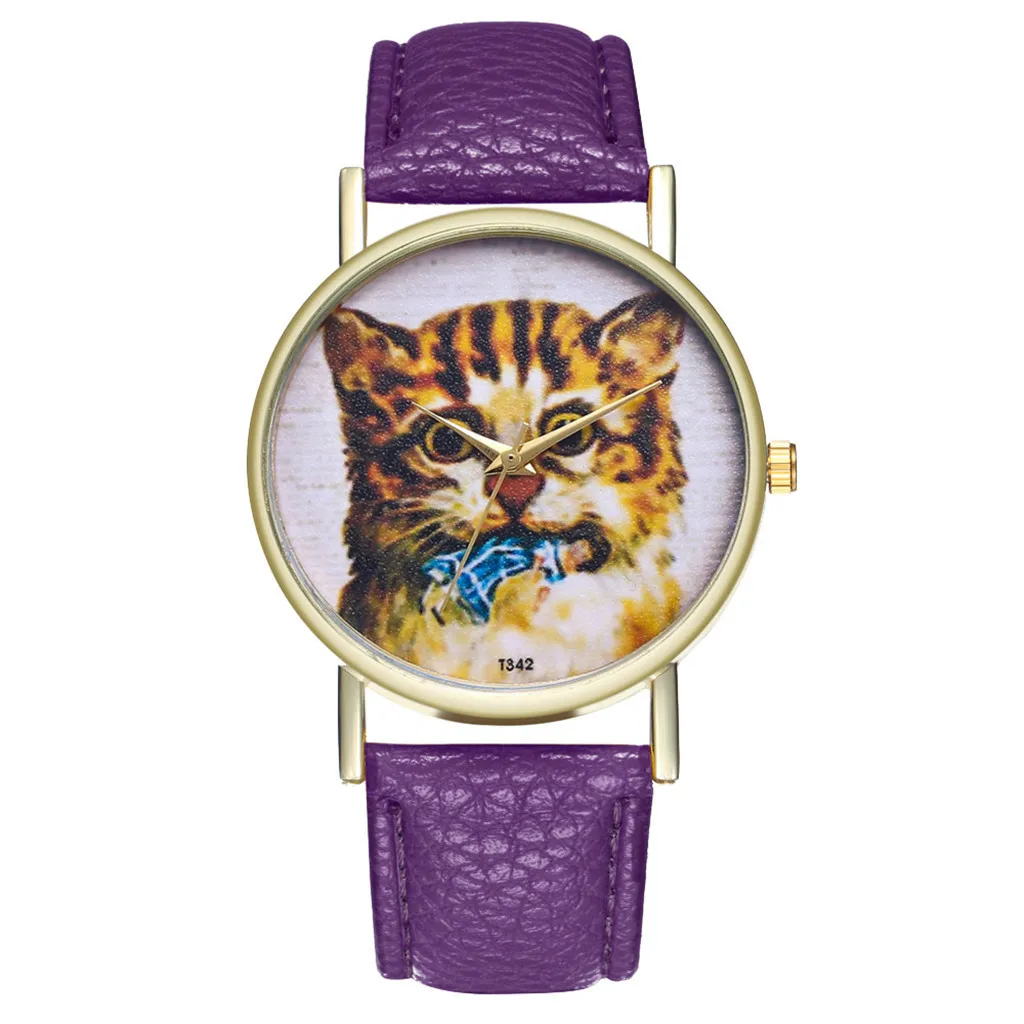 Винтажные женские кварцевые часы Модные женские кожаные часы свадебные забавные кошачьи креативные часы браслет часы - Цвет: Purple