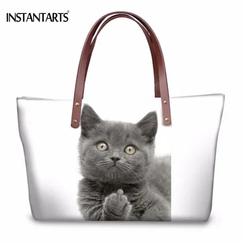

INSTANTARTS Funny 3D Middle Finger Shorthair Cat Print Women Large Handbags Brand Shopping Tote Bags Fashion Female Shoulder Bag