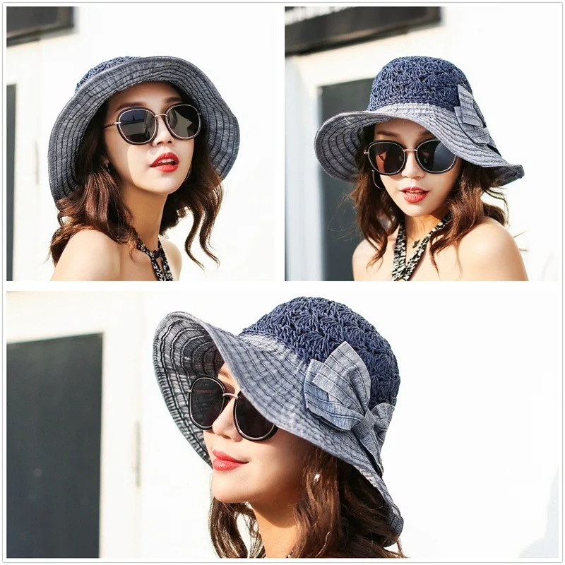 Women Patch Splicing Straw Hat Fashion Wide Brim Bow Cap Ladies Headwear Summer Travel Outdoor Beach Sun Hats CP0196 (5)