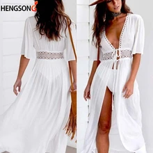 Сексуальное Кружевное открытое пляжное бикини, накидка, женский летний купальник, короткий рукав, шифон, купальник, Пляжное платье, белая пляжная туника, рубашка