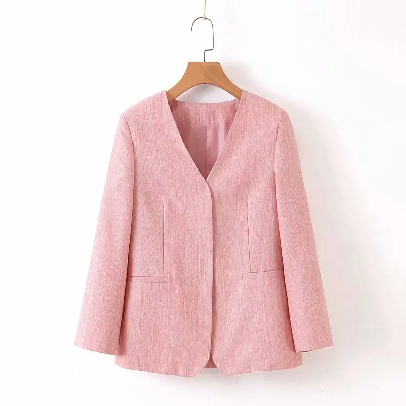 2019 Spring Autumn Fashion Pink Blazer Jacket Women's V-Neck Pockets Short Office Ladies Blazers Mujer Outerwear Female Coat