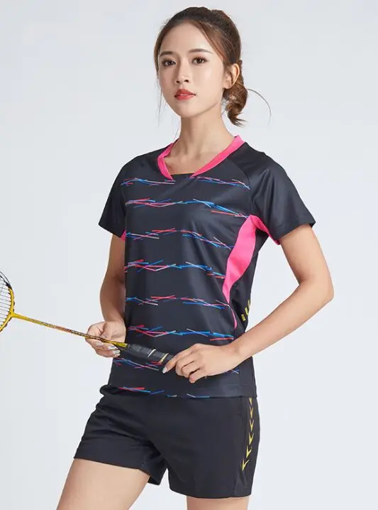 Женские теннисные футболки+ шорты, Женский Быстросохнущий комплект для бадминтона, спортивная одежда для девочек, одежда для настольного тенниса, футболка для бега - Цвет: O-02 Set