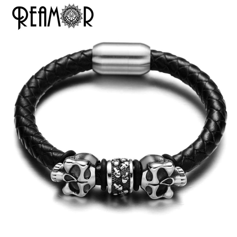 Мужской браслет с подвеской в виде черепа из натуральной кожи|head bracelet|skull head