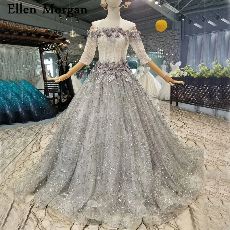 Silver Glitter Fabric Lace Ball Gowns Wedding Dresses 2018 Custom Made