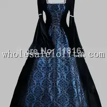 Готический черный и синий Принт Элегантный викторианский бал платье вечернее платье косплей платье