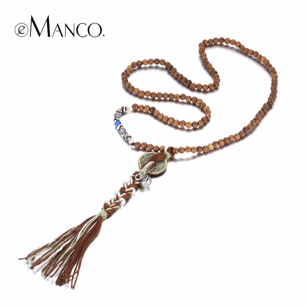 eManco Natural Ethnic Handmade Long Tassel Strand Necklaces & Pendants Women Wood Beads Coin Stone Ancient Bronze Plated Jewelry