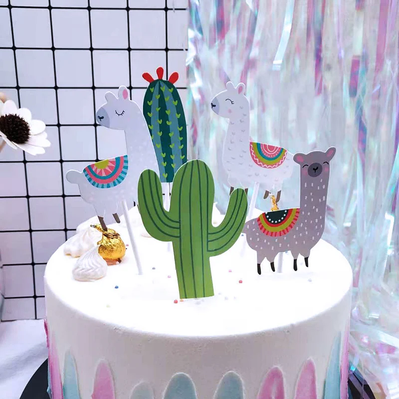 Cactus Alpaca Llamas Cake Topper Cupcake Toppers Summer Jungle Party Cake Decoration Cake Flags Party Supplies