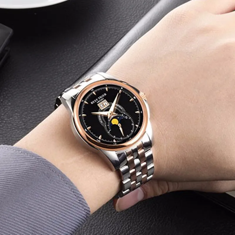

Reef Tiger brand relojes hombre 2017 Watches for Men Stainless Steel Moon Phase Automatic leather Watch saat relogio masculino