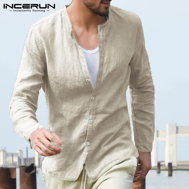 INCERUN Classic Casual Solid Long Sleeve Men's Shirts 100%Cotton Button ...