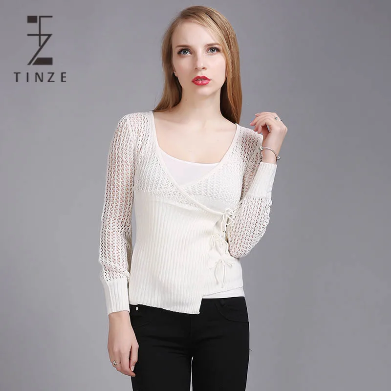 New Autumn Knitted Cardigan Hollow Out Sweaters Sexy Women Big Cross-over V Collar Slim Tops Solid Color Lace-up YH-0607087G |