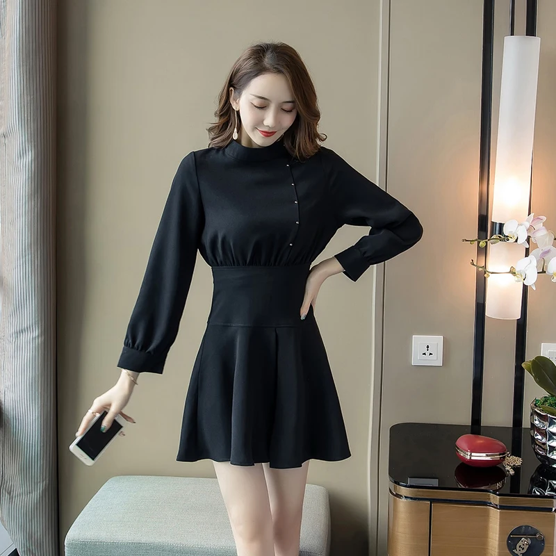 

Women dress Turtleneck Classic Design Little Small Decoration Dresses Black 8834