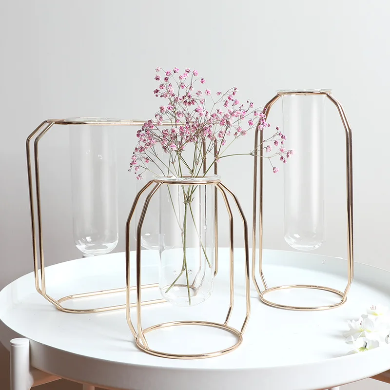 

16-24cm European simple geometric frame pattern golden metal vase dried flower hydroponics decorative vase racks home ornaments