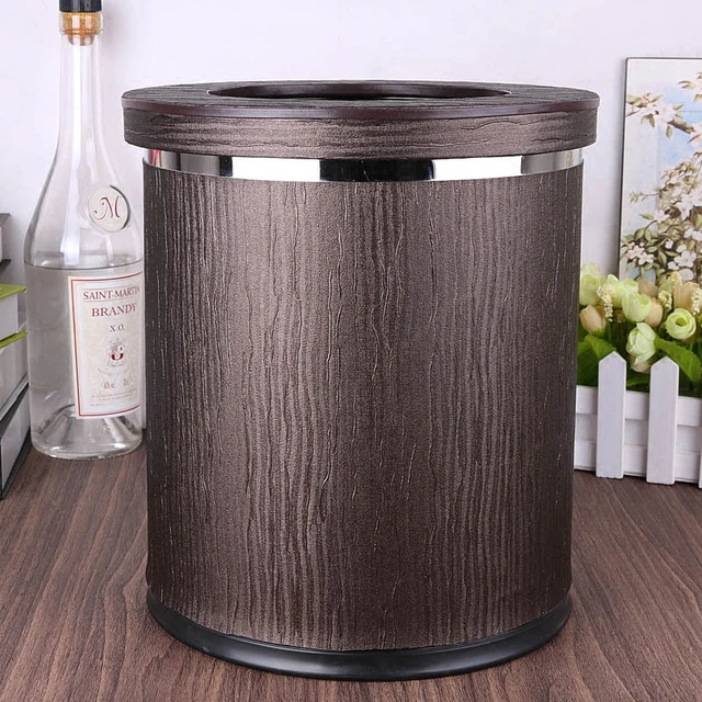 Luxuriou Wood Grain Rubbish Bins Kitchen Waste Basket Pu Leather Luxuriou Wood Grain Rubbish Bins Kitchen Waste Basket Pu Leather Metal Double Layer Trash Bin