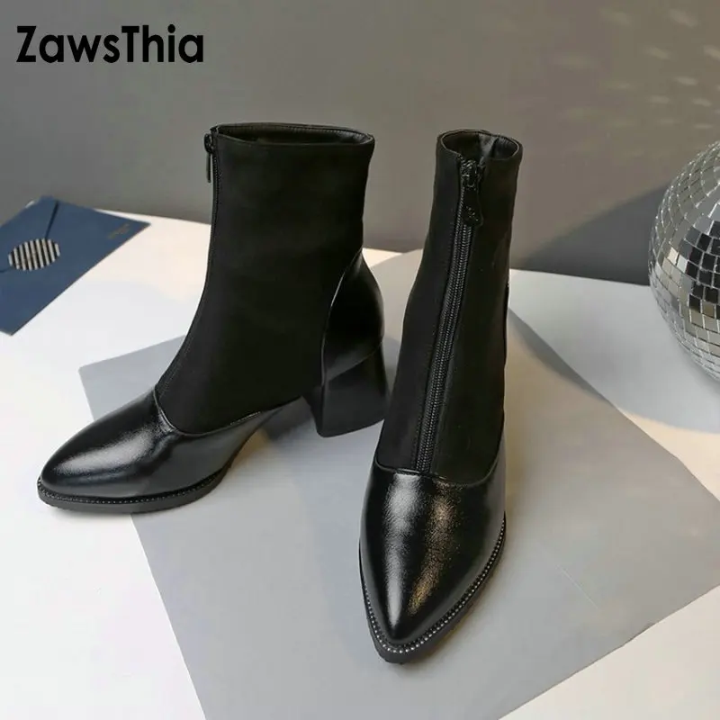 ZawsThia/2020 женская зимняя обувь черного цвета с острым носком на массивном каблуке