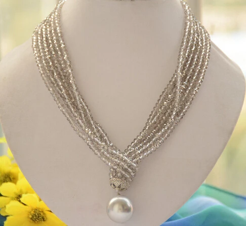 

Hot sell Noble- FREE SHIPPING>>@@@ A1769 3strands faceted smoky quartz crystal 20mm shell pearl pendant necklace 40