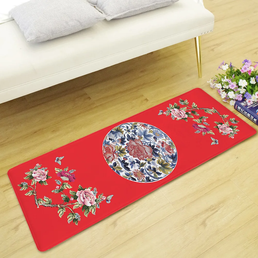 Honlaker Chinese Style Peony Flower Living Room Long Floor Mat Home