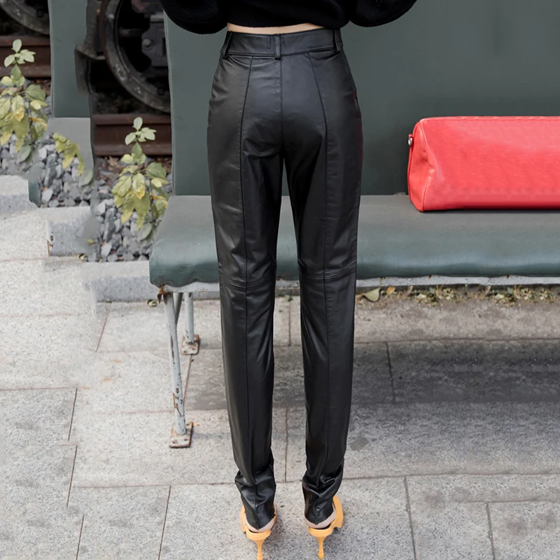 New Plus Size S-4XL Women Slim Real Leather Pants Buckle Quality Cowhide Motorcycle Trousers High Waist Full Length Pencil Pants