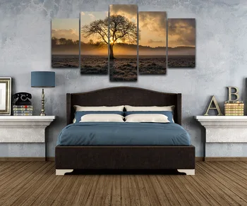 

Canvas Painting Vintage Wall Art Frame Printed Pictures 5 Panel Poster Sunrise Tree Landscape Photo For Living Room Decor