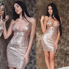 2017 summer Sequined dress deep v-neck backless dress for woman gold sequin party club cocktail nightclub short dresses hot