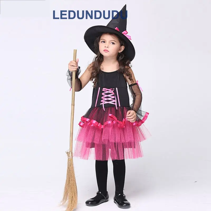 Children Halloween Fancy Party Suit Girls Magic Witch Dress Kids Rose Witch Cosplay Costume with Hat  (11)