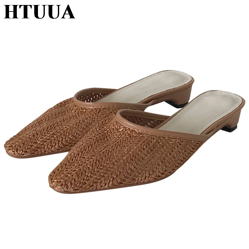 

HTUUA 2019 New Women Slippers Boho Weave Mules Shoes Women Small Heel Slides Slip On Summer Shoes Woman Beach Flip Flop SX2472