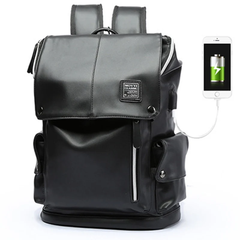 Мужской рюкзак из искусственной кожи, мужской рюкзак для ноутбука 17 дюймов 15,6, рюкзак для женщин и женщин, студенческий водонепроницаемый рюкзак с зарядкой через usb - Цвет: Черный