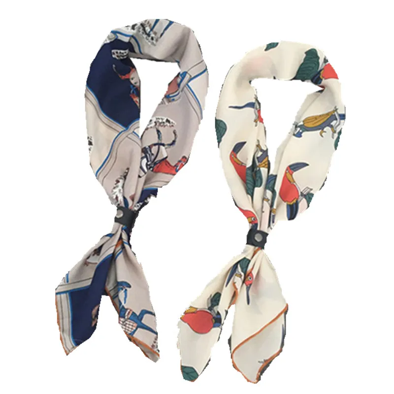 new silk with leather button lady small sqaure scarf cartoon floral print women summer spring scarves  girls decoration collar