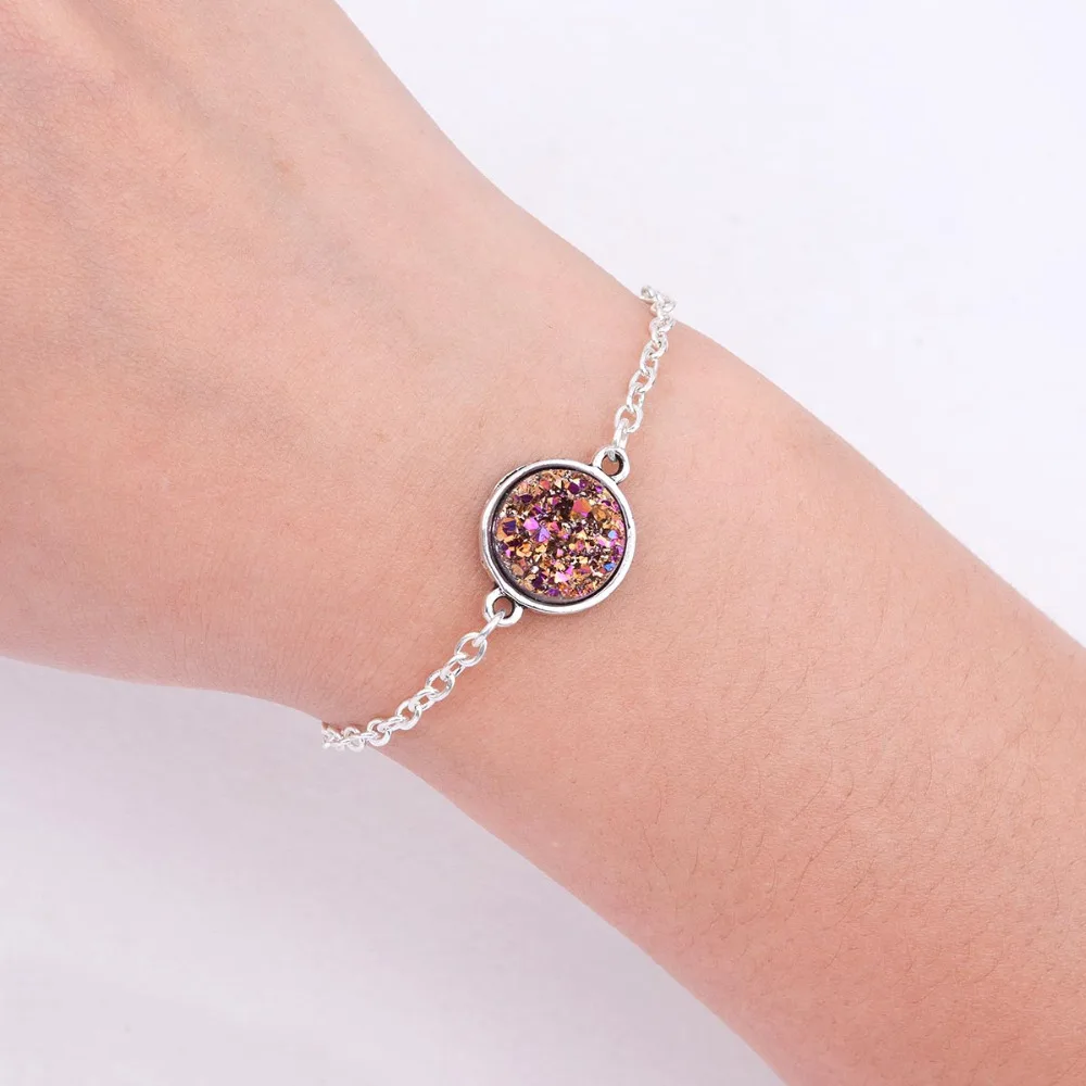 

Resin Drusy /Drusy Bracelets Women Fashion Jewelry Silver Plated Fuchsia AB Color Round Connector 17cm(6 6/8") long, 1 Piece