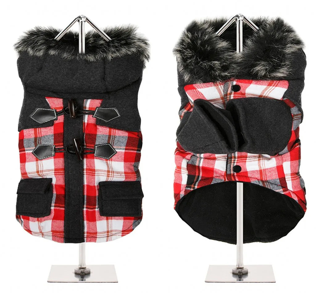 

Warm Tartan Duffle Dog Coat Winter Cold Weather Dog Jacket Faux Pocket Clothes for Dogs XS S M L XL