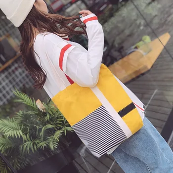 

Fashion Women Stripe Casual Patchwork Handbags 2019 New Hot Zipper Soft School Students Book Bag Canvas Bags Shoulder Bags