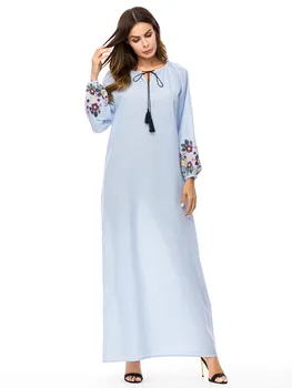 

Casual Embroidery Women's Long Sleeve Dress Striped Abaya Vintage Full Dresses Kimono Loose Muslim Robe Gowns Islamic Clothing