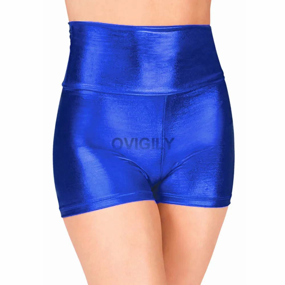 

OVIGILY Womens Royal Blue High Waist Dance Shorts Adults Metallic Gymnastics Shorts Gold Rave Booty Shorts Black Cheer Shorts