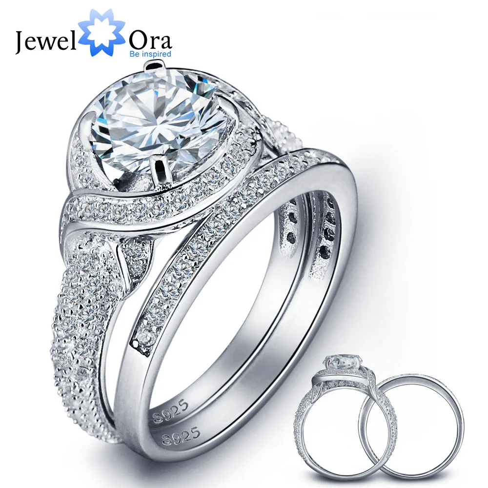 Romantic 925 Sterling Silver Engagement Ring Set Luxurious Women Silver Bridal Ring Sets Wedding Jewelry (JewelOra RI102024)
