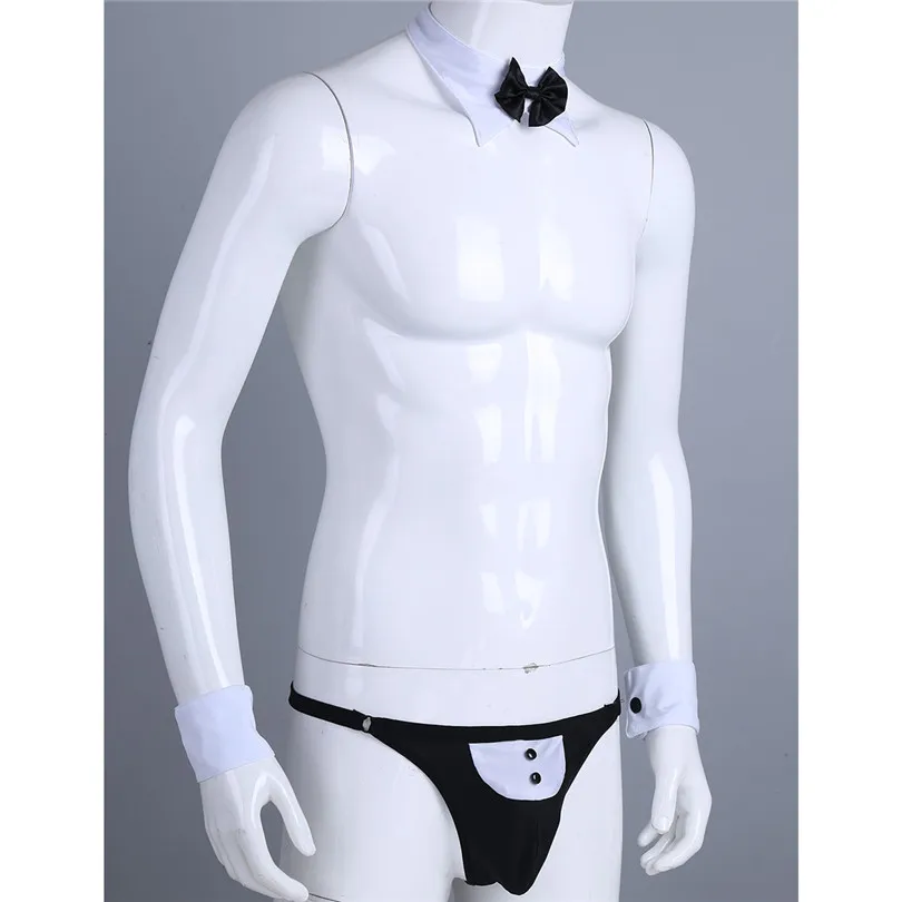 Male Mens Lingerie Bow Waiter Lingerie Costume Suit Open Back Tuxedo G-string Thong Underwear with Bow Tie Collar and Bracelets