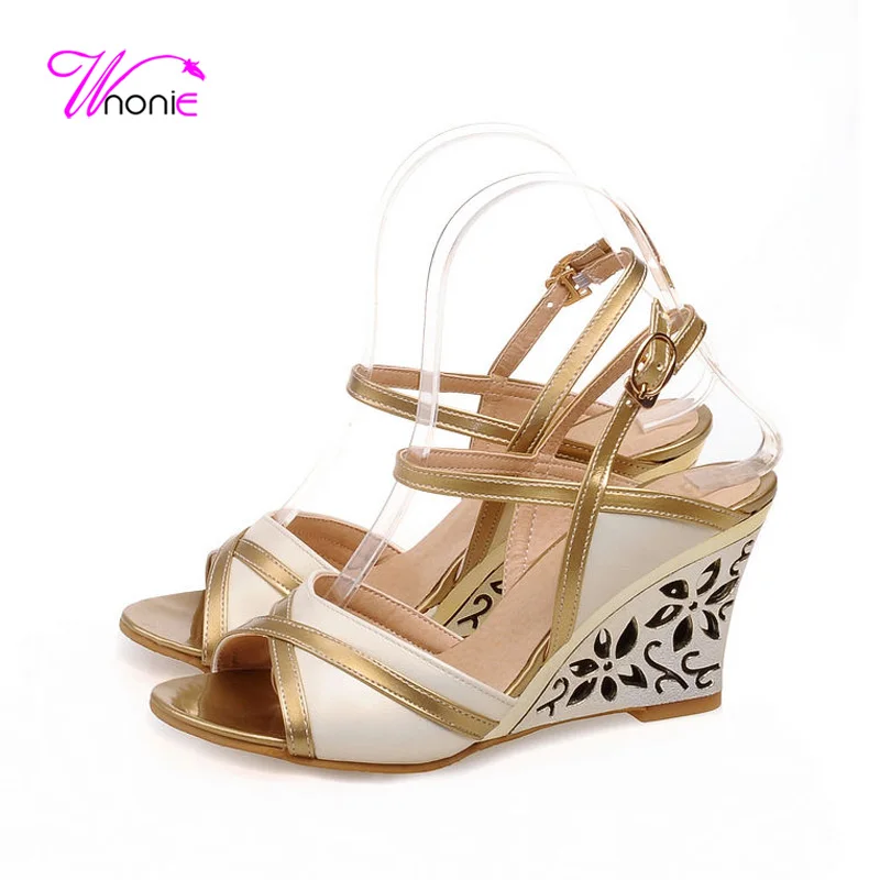 

2017 New Fashion Women Sandals Ankle-strap High Heel Gilt Wedge Cut-out Flower Mixed Color Dress Party Summer Cool Ladies Shoes
