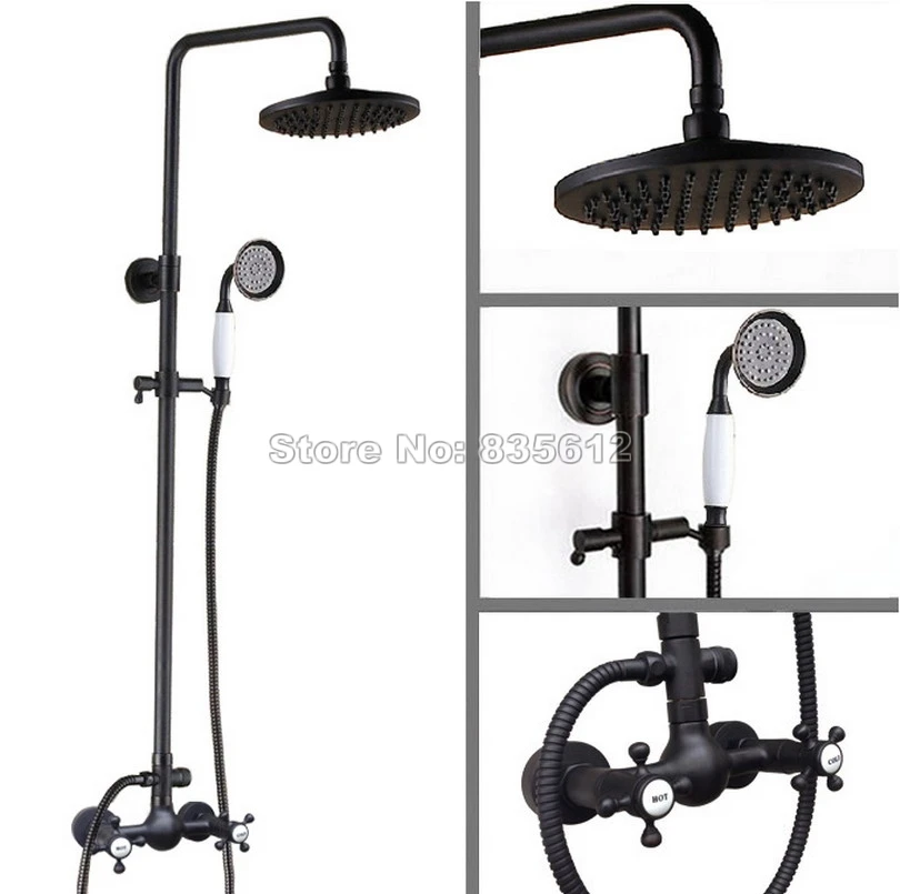 Black Oil Rubbed Bronze Wall Mounted Bathroom Dual Handles Mixer Taps &amp Rain Shower Faucet Set with Hand Head Wrs494 | Обустройство