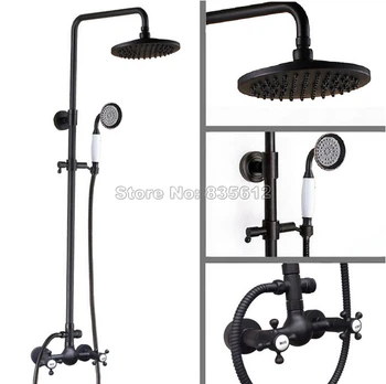 

Black Oil Rubbed Bronze Wall Mounted Bathroom Dual Handles Mixer Taps & Rain Shower Faucet Set with Hand Shower Head Wrs494