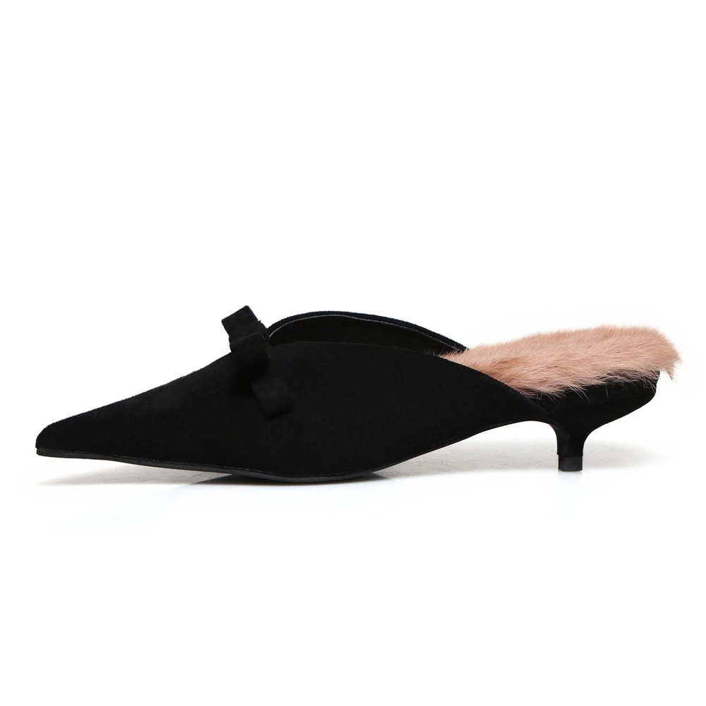 Sarairis/Новинка, модные женские замшевые туфли, сексуальные женские туфли-лодочки, женские туфли-лодочки с острым носком и бантиком, женские туфли без задника, женская обувь - Цвет: black with fur